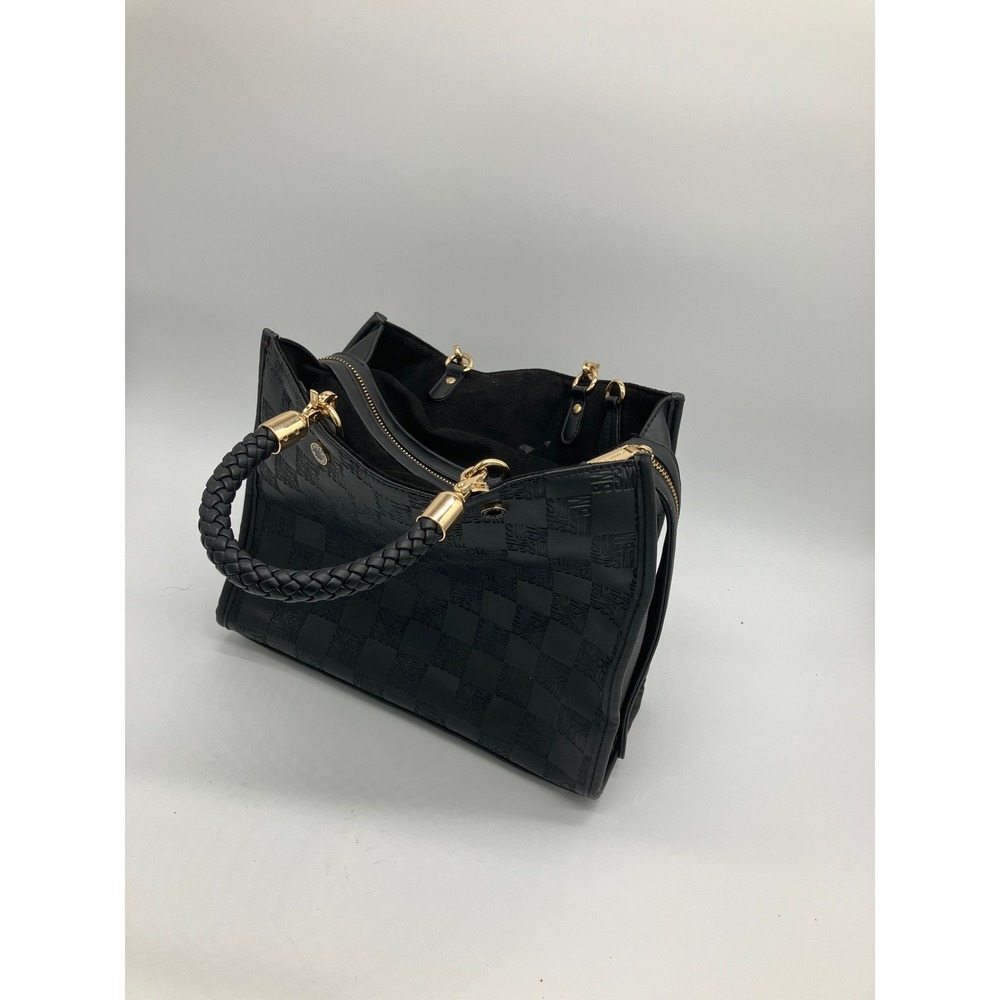 Steve Madden Black Pebbled Faux Leather Tote Bag Gold Hardware Zip Top Handbag - Picture 4 of 10